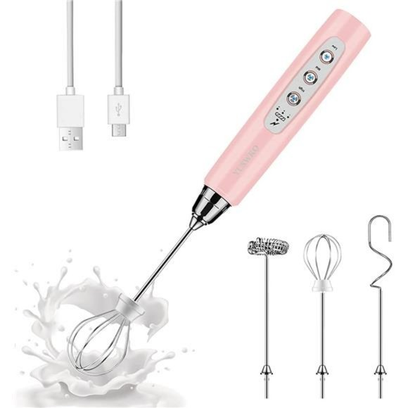 Milk Frother Handheld with 3 Heads, Coffee Whisk Drink Foam Mixer - Pink - Picture 1 of 6